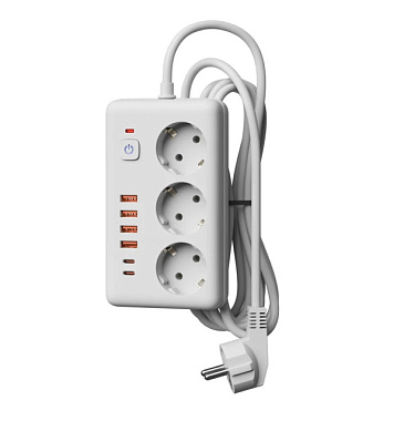 Удлинитель Космос с сетевым фильтром 3*1.5 м 10А 4USB+2USBC 2500Вт ПВС 3*1 белый FKsm1.5m-3gPF(W)US 