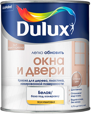 Краска Dulux Окна и Двери водно-дисперсионная для дерева/пластика/лак поверх полумат база BW 0,75л