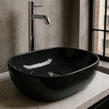 Умывальник Eva Gold A257A-CV09 накладной овальный без перелива мрамор черный 485*350*140 мм