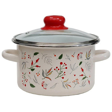 Кастрюля Стальэмаль Ягодки эмалированная цилиндрическая стеклянная крышка 3 л 33-Б1612С/4