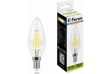 Лампа светодиодная Feron Filament LED 5Вт Е14 белый свеча LB-58