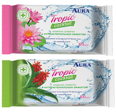 Влажные салфетки Aura Tropic Coctail Освежающие в ассортиментe 60 шт
