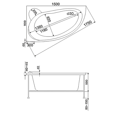 Ванна Bas Vektra акриловая на раме левая 150*90 см 47318