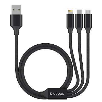 Кабель 3 в 1 Deppa micro USB Туре-С Apple алюминий черный 1,2 м 72299