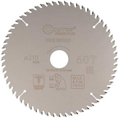 Диск Cutop Profi plus пильный по дереву с тефлон покрыт 60Т 210*1,5/2,2*32/30/25,4/20 мм 75-21060Т*