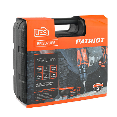 Дрель-шуруповерт аккумуляторная Patriot BR 207UES бесщет. двиг. 18В 2,0Ач 38Нм дерево/сталь 20/8мм