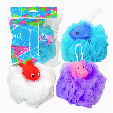 Мочалка Vell Зверушка-пищалка шарик с украшением из безузловой сетки 40 гр 24993