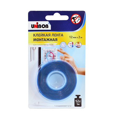 Клейкая лента Unibob двухсторонняя монтажная кристально-прозрачная пена 12 мм*2 м 75541