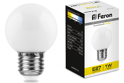 Лампа светодиодная Feron LED 1Вт Е27 2700К белый шар LB-37