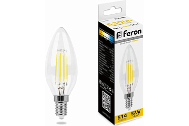 Лампа светодиодная Feron Filament LED 5Вт Е14 теплый свеча LB-58