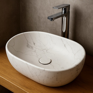 Умывальник Eva Gold A257A-P351М накладной овальный без перелива мрамор белый 485*350*140 мм