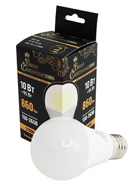 Лампа светодиодная Ваше Сиятельство ЛОН A60 E27 10W 860lm 2700K 2K 108x60 матов пласт/алюм 866972