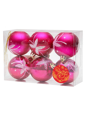 Новогоднее подвесное украшение шар Розовый с серебристой бабочкой 6 см 6 шт 35538