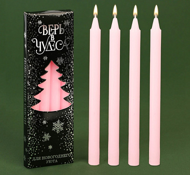 Набор новогодних восковых свечей Зимнее волшебсто Верь в чудеса розовые 5*1*1 см 4 шт 7610362