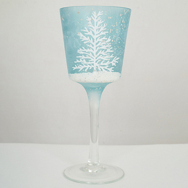 Подсвечник стеклянный светло-голубой с белым декором в ПВХ коробке 18 см 4640108855735