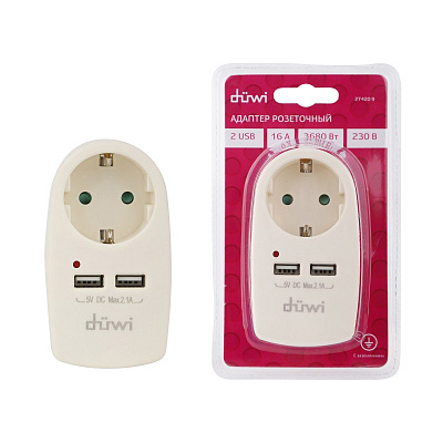 Адаптер Duwi Ivory 1 гнездо + 2 USB порта на евро вилку с/з 16A 230В 3680Вт слоновая кость 27420 9