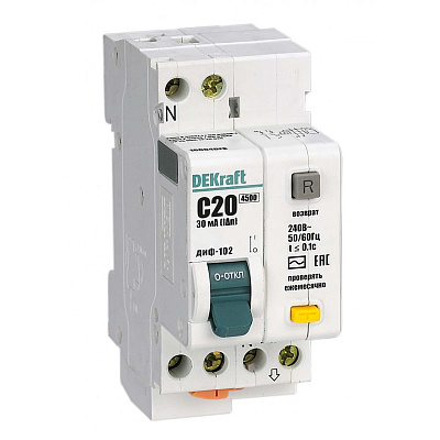 Выключатель Dekraft ДИФ-102 автом. дифференц. АВДТ 1п+N 20А 30мА тип AC С 4.5кА 16004DEK