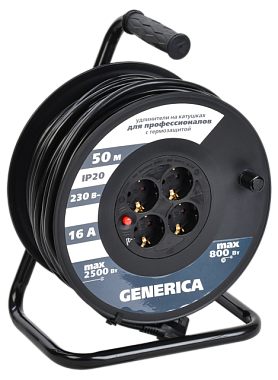 Удлинитель IEK Generica силовой УК50 с термозащитой 4 места 2P+PE/50м 3*1.5мм2