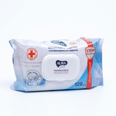 Влажные салфетки Aura Family антибактериальные с крышкой 120 шт 10329