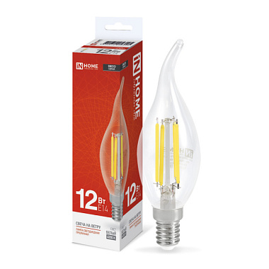 Лампа светодиодная In Home Deco свеча на ветру прозрачная C37 E14 12W 4000K 4К 914753