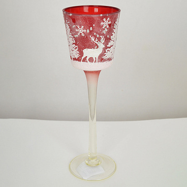 Подсвечник стеклянный красный с белым декором 24 см 4640108855674