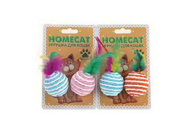 Игрушка для кошек Homecat Мячи полосатые гремящие с пером 4,5 см 2 шт CTМ00180