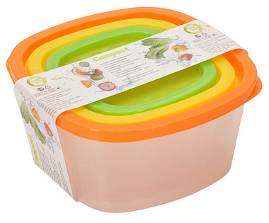 Набор квадратных контейнеров Compact 0,9 л цвет.кр. в ассорт. 3 шт Comp 3103