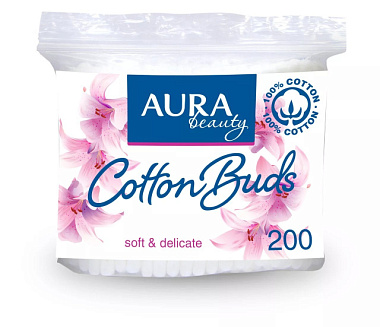 Ватные палочки Aura пакет п/э КК 200 шт 2883