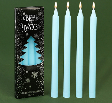 Набор новогодних восковых свечей Зимнее волшебсто Верь в чудеса голубые 5*1*1 см 4 шт 7610364