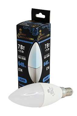 Лампа светодиодная Ваше Сиятельство свеча C37 E14 7W 640lm 6500K 6K 110*37 матов пласт