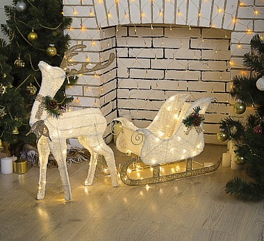Фигура светодиодная Олень с санями зол. олень 56*76*15 см сани 58*32*22см 220 В теплый бел 4357002**