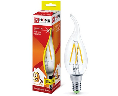 Лампа светодиодная In Home Deco свеча на ветру прозрачная C37 E14 9W 3000K 3К 717681