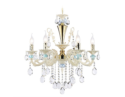 Люстра подвесная Ambrella с хрусталем TR4923/6 GD/WH/BL золото/белый/голубой E14*6 max 40W D600*620