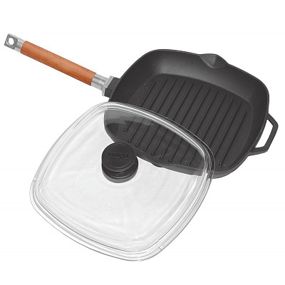 Сковорода-гриль Биол чугунная съемная ручка стекл. крышка 26*26 см 1026С