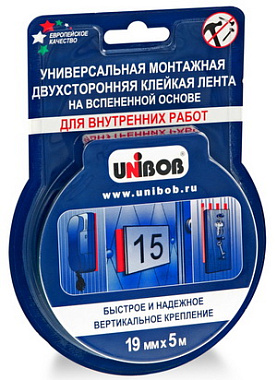 Клейкая лента Unibob двухсторонняя для внутренних работ 19 мм*5 м пена 47037