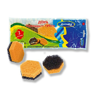 Губка Антелла Дора для посуды 3шт в вакуумной упаковке 9*7,7*3,3см 70783